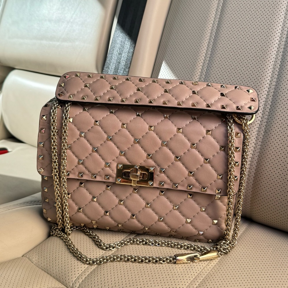 Valentino Garavani Medium Rockstud Spike Calfskin Women Shoulder Bag Poudre